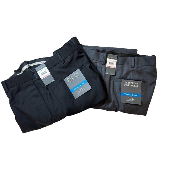 2 Perry Ellis Portfolio Travel Luxe Pants Mens 40x30 Charcoal Gray & Black NWT - Picture 1 of 14